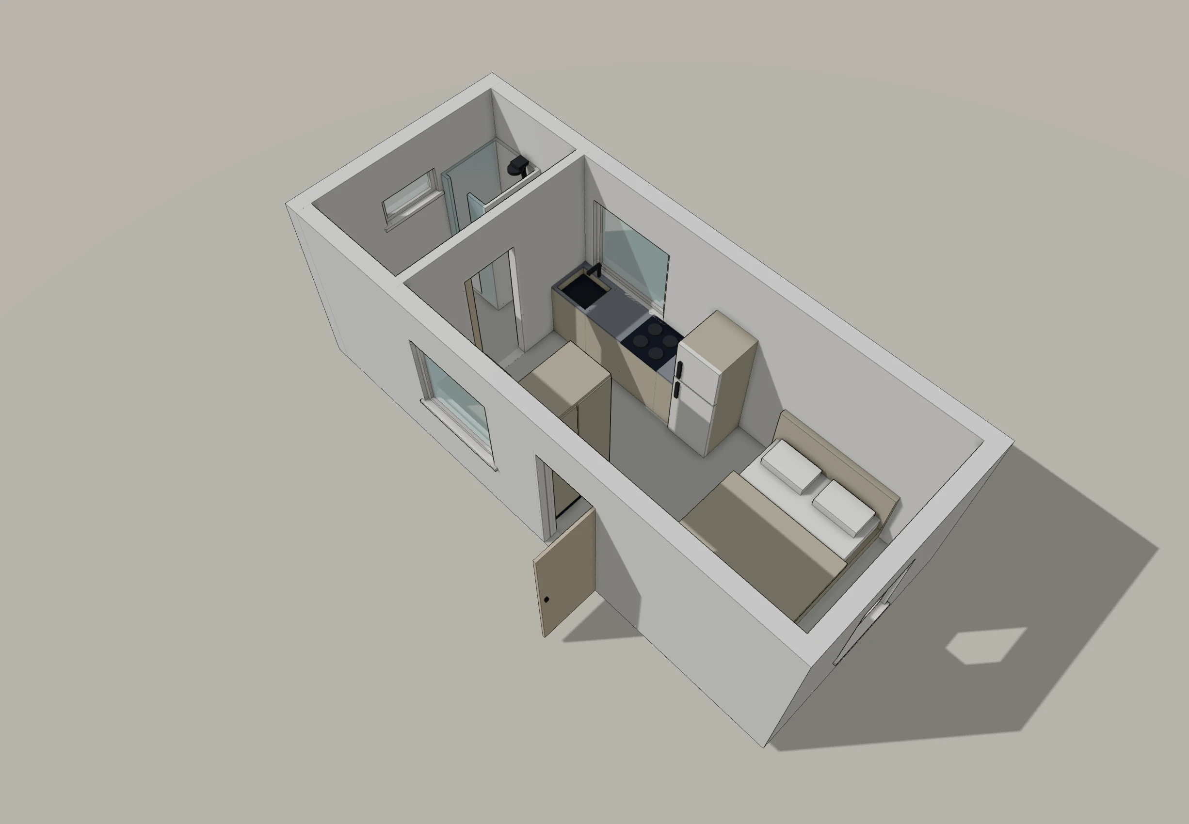 3D view of the single-level tiny house floor plan showing the kitchen run, the dinette, the fixed double bed and the separate wet room, with window and door openings cut into the walls