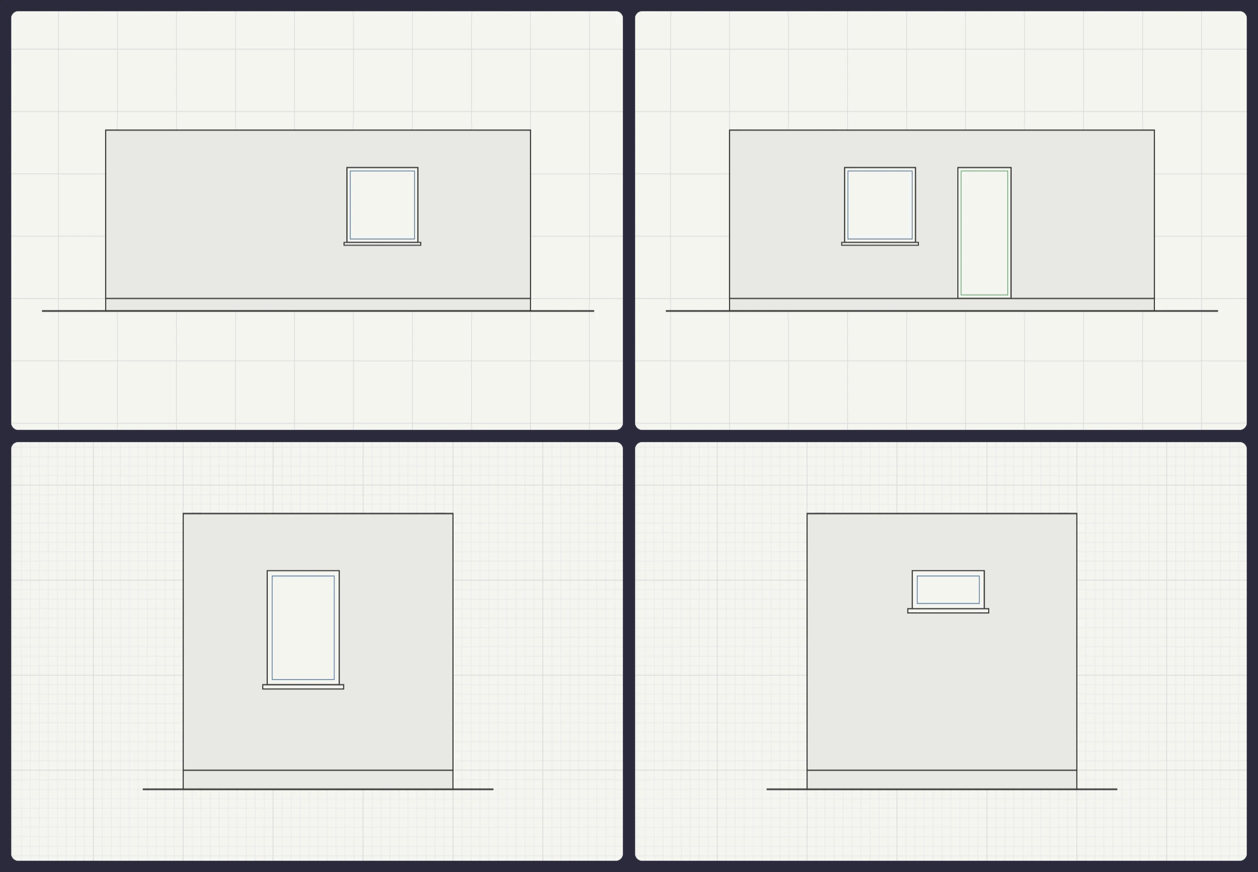 The four automatically generated elevations of the Single-Level Tiny House — 17 m² — north, east, south and west façades with their window and door openings