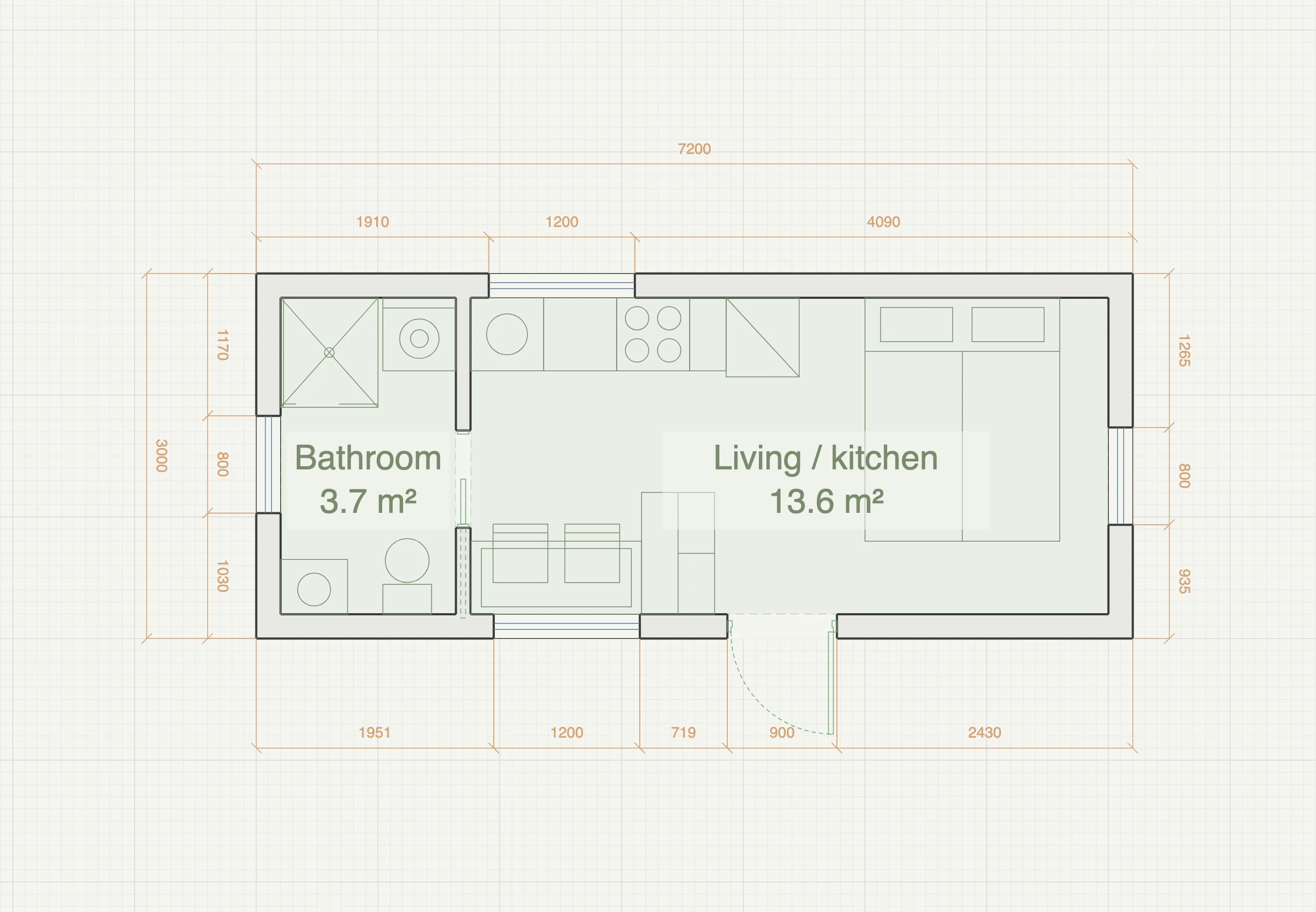 Tiny house floor plan, 7.2 by 3.0 metres, with a kitchen run under the north window, a dinette at the south window, a fixed double bed at the east gable and a wet room with a high-level window, fully dimensioned in the Gridsnap editor