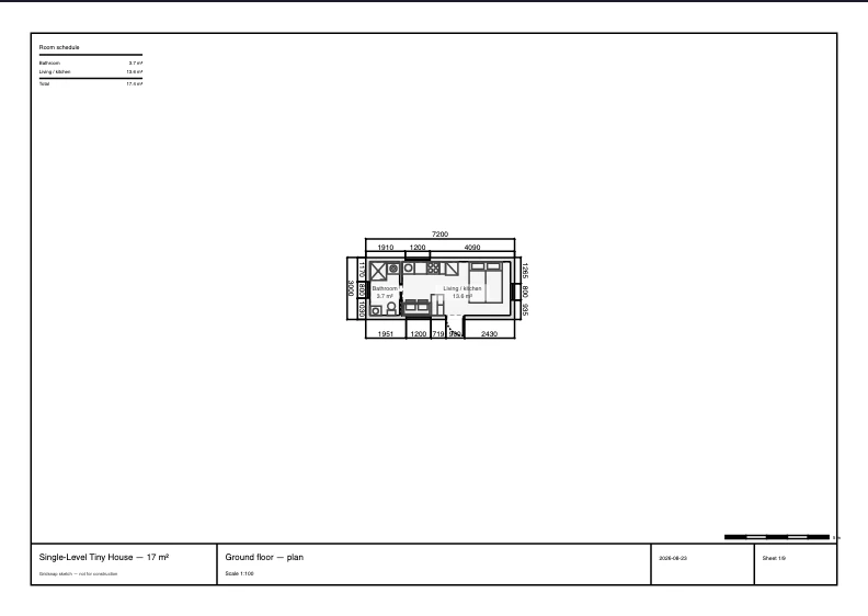 An example PDF sheet exported from the Single-Level Tiny House — 17 m² template, with the drawing framed in a title block